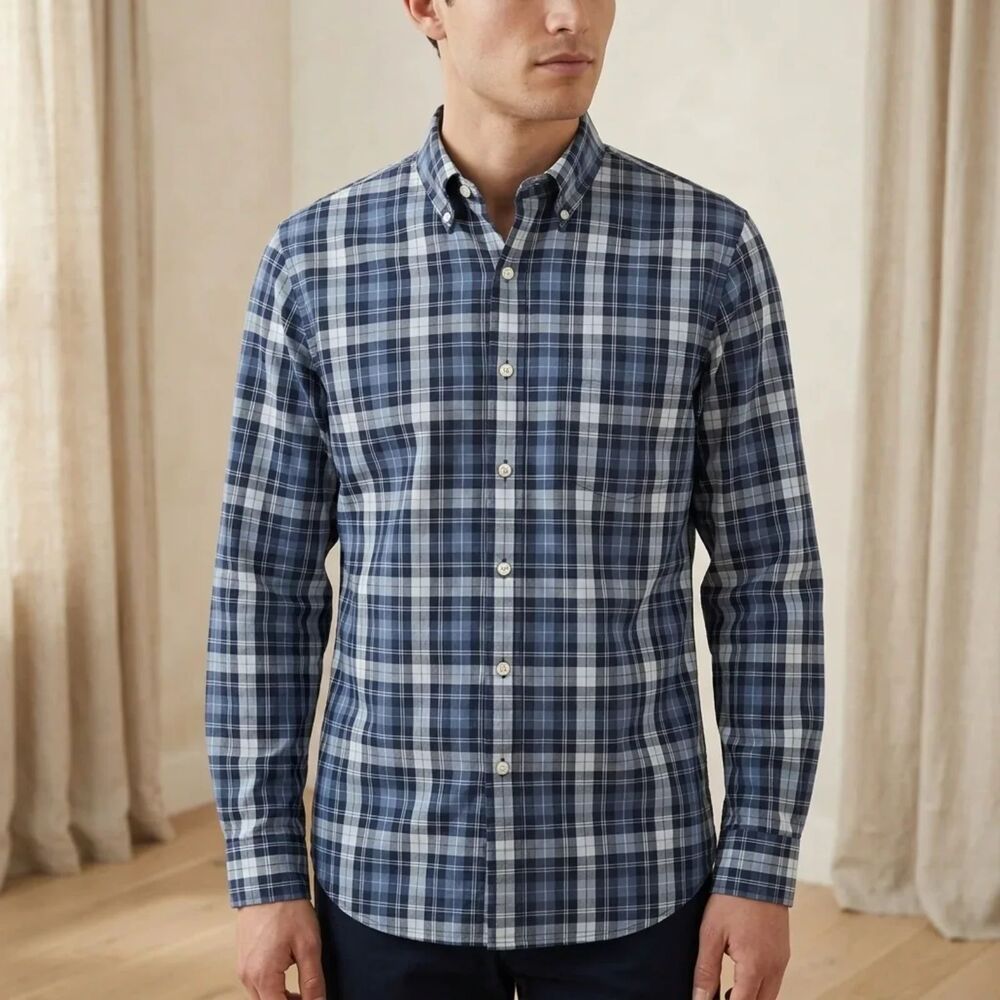 Brooks Brothers Navy, light blue, and white plaid / tartan 100% Cotton | Sz S